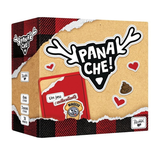 Randolph - Panache - Jeu de party family - Boîte de Jeu de Société 8 ans et plus Présentant un Motif en Papier Déchiré avec Carreaux Rouges et Noirs, un logo Tête de Cerf Noire avec Texte « Panache! », et des Autocollants Ludiques Incluant des Cœurs et un Émoji Caca Souriant, Idéal pour les Soirées de Jeux de Cartes en Famille avec des Cartes d'Autocollants Personnalisables.