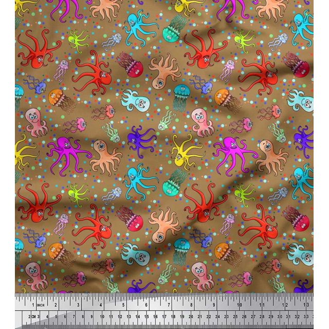 Soimoi Polyester Crepe Fabric Dot,Octopus & Jellyfish Ocean Print Fabric by The Yard 52 Inch Wide