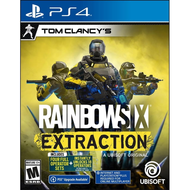 Couverture de Jeu PS4 Tom Clancy's Rainbow Six Extraction Mettant en Vedette Trois Opérateurs Tactiques en Armure Futuriste Tenant des Armes à Feu Avancées sur un Fond Jaune Fumé, Mettant en Valeur Quatre Ensembles Complets d'Opérateurs, Déverrouillage Instantané de 18 Opérateurs, Disponibilité de Mise à Niveau PS5 et Image de Marque Ubisoft.
