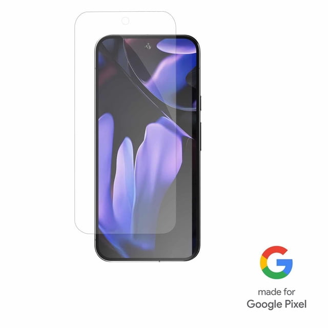 Blu Element Verre Trempé avec Trousse d'Installation Conçue pour Google Pixel 9 Pro TG, Montré comme Protecteur d'Écran Transparent Superposé à un Téléphone Intelligent Google Pixel 9 Pro TG Orienté vers l'Avant avec un Papier Peint Abstrait Violet et Noir, Offrant une Couverture Complète Bord à Bord, une surface Anti-Rayures et une Installation Facile Sans Bulles.
