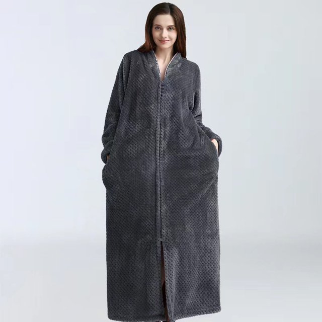 Ladies Zip Fleece Waffle Long Dressing Gown Fluffy Towelling Bathrobe Sleepwear