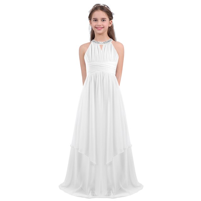 Miaeowve Robe de Fête Maxi en Chiffon à Paillettes pour Filles, Col Haut, Froncée, Robe de Bal de Mariage Ivoire 14
