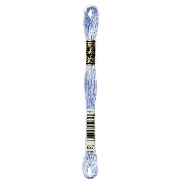 DMC Blue Cotton 6 Strand Floss 8m in light blue, made from 100% long staple Egyptian cotton with double mercerized sheen, featuring two labels with brand and color code 827, ideal for cross-stitch, embroidery, needlepoint, and scrapbooking.