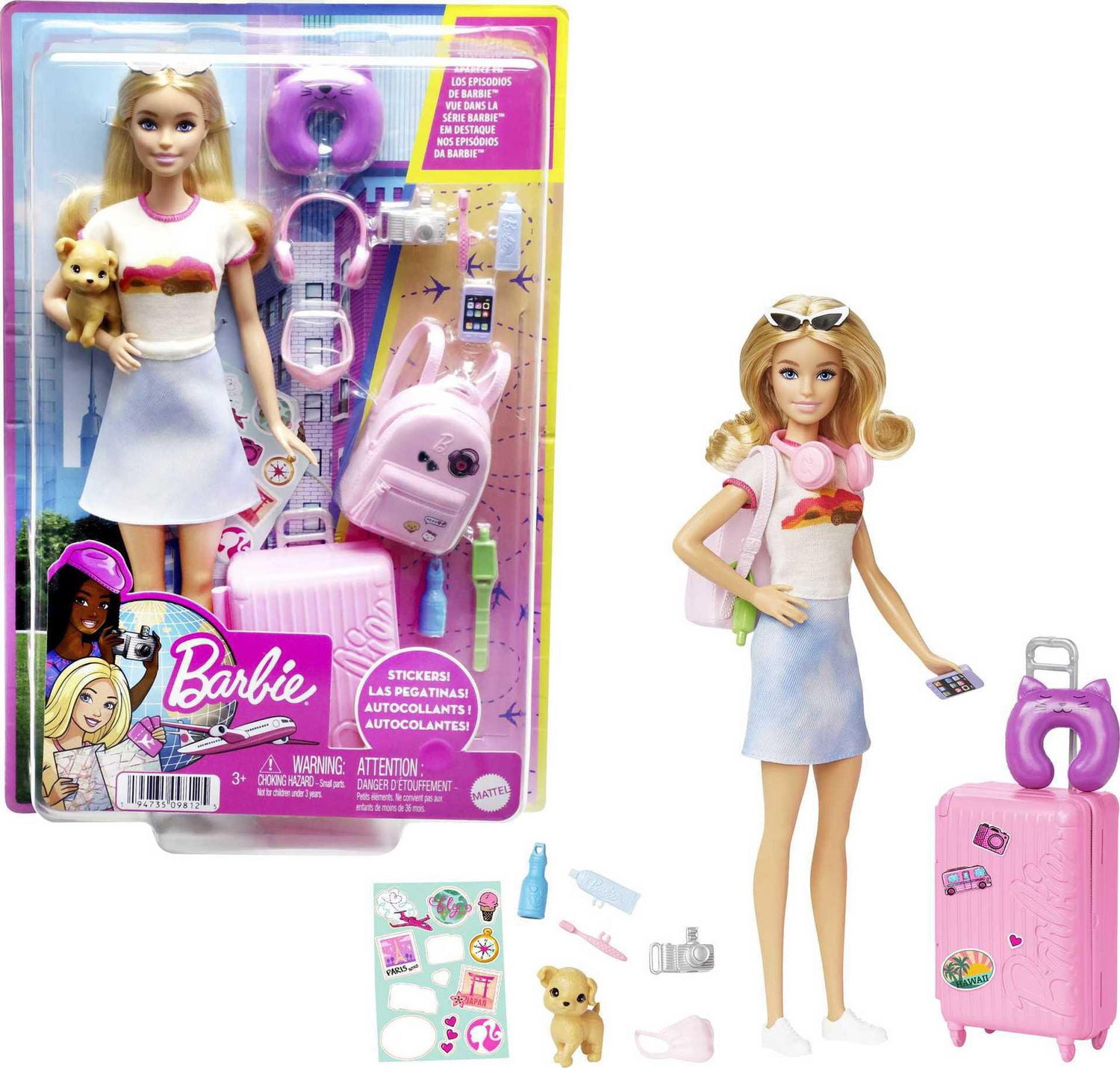 Barbie Doll and Accessories, 'Malibu' Travel Set with Puppy & Working Suitcase, 10+ Pieces