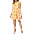 thumbnail image 1 of INSPIRE CHIC Women's V Neck Check Ruffled Sleeve Belted Plaids Mini Dress M Yellow, 1 of 6