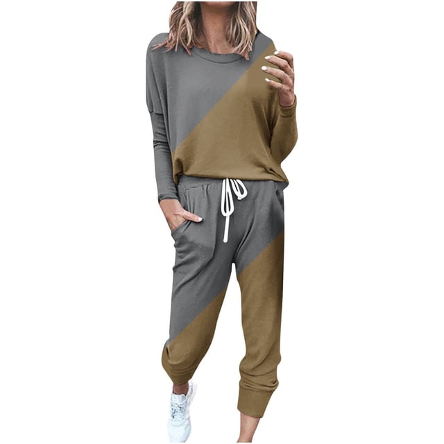 CHOK Womens Sport Set Long Sleeve Patchwork Color with Loose Cozy Petite Sweatpant Trendy Fall Winter Suits (X-Large Pink)