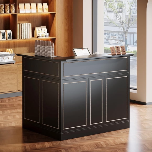 Fnova Table de Bar, Table de Pub en L pour la Maison avec Supports pour Verres à Pied, Unité de Bar d'Angle à 4 Niveaux Armoire de Bar à Liqueur et Vin Bureau de Réception pour Pub à la Maison