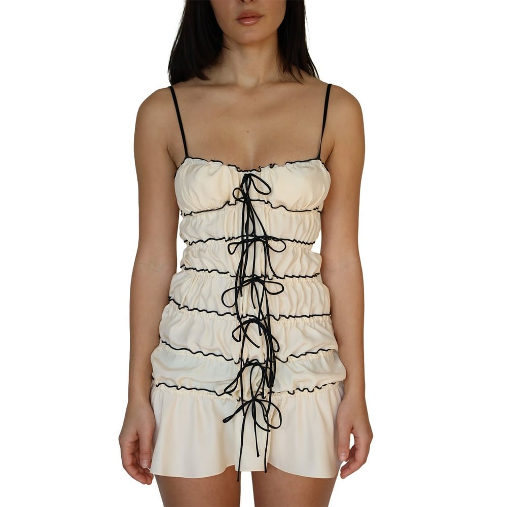 see-through bustier layered ruffle party slip mini dresses MesaSe Women Spaghetti Strap Mesh Sling Dress Ruched Tie Bow Tiered See Through Tulle Backless Dress short layered dress