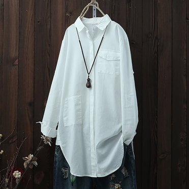 Meichang Womens Button Down Shirts Solid Long Sleeve Roll Up Collared Tops Long Tunic Blouses Oversized Casual Pockets Spring Tops