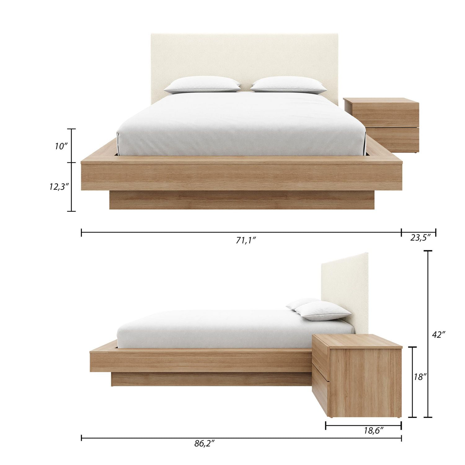 Marko 3 Piece Bedroom Set with Platform Bed, Upholstered Headboard and Nightstand