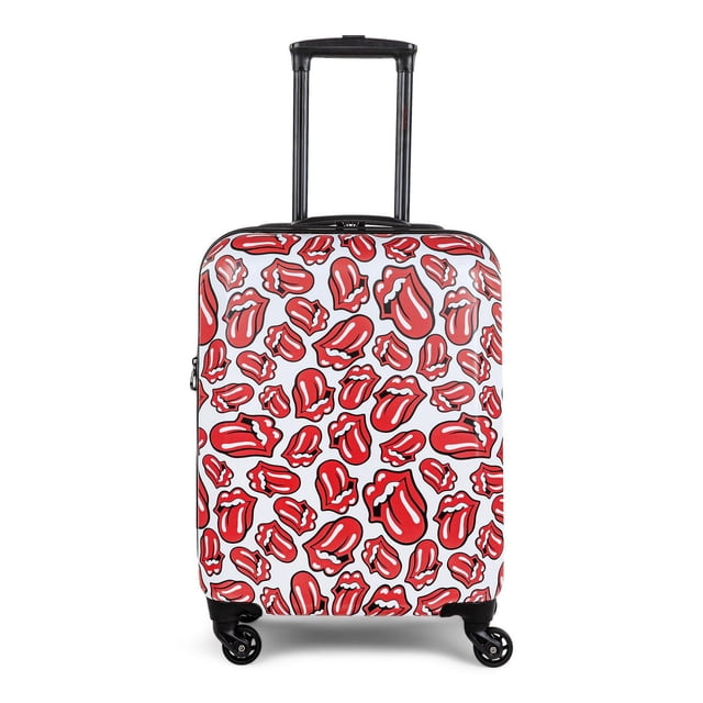 THE ROLLING STONES - SHINE A LIGHT COLLECTION - CARRY-ON LUGGAGE MADE OF LIGHTWEIGHT AND RESISTANT ABS/PC HARD SHELL with white hard shell featuring multiple red Rolling Stones tongue logos, black telescopic handle extended and locked, and four 360° spinner wheels for smooth rolling, designed with internal straps and pockets for organized packing.