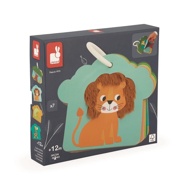 Janod Savannah Tactile Cards Set with seven large cardboard animal cards including a lion with a soft textured mane, designed for toddlers aged 12 months to 3 years to explore textures and develop fine motor skills, featuring a removable white ring for easy carrying and made from FSC-certified materials.