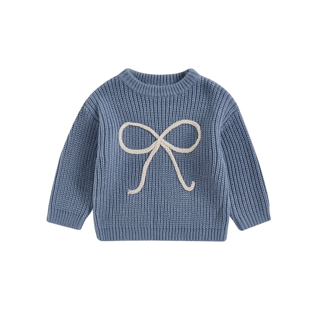 Gupgi Toddler Girls Fall Sweaters Kids Bowknot Embroidery Long Sleeve Round Neck Loose Knit Pullover 0-4 Years