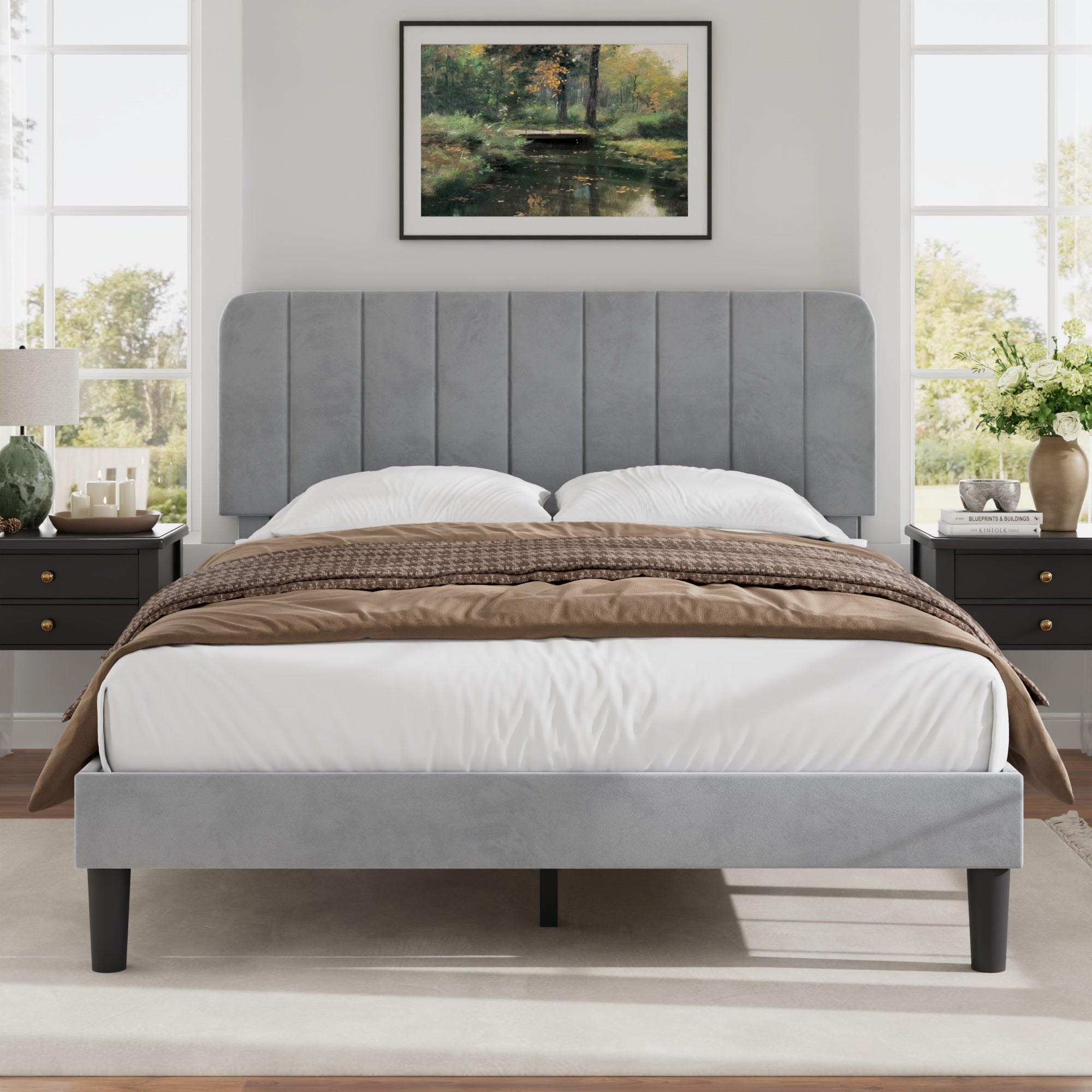 VECELO Lits Rembourrés Format Grand, Cadre de Lit Plateforme Moderne avec Tête de Lit Réglable, Lattes en Bois en Soutien/pas de Sommier Requis, Gris Pâle