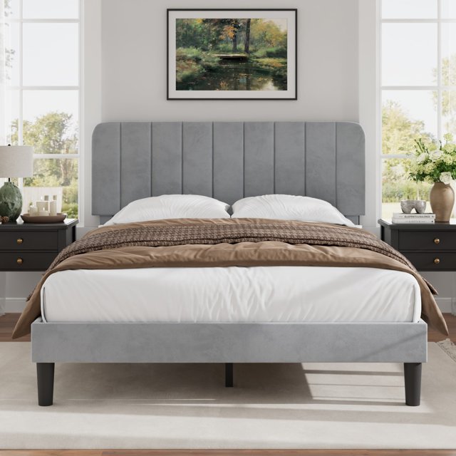 VECELO Queen Size Upholstered Beds, Modern Platform Bed Frame with Adjustable Headboard, Wooden Slats Support/No Box Spring Needed, Light Grey