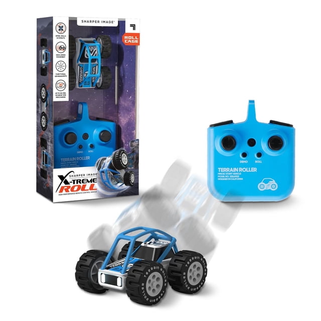 X-Treme Roll Véhicule Télécommandé Haute Performance – Bleu avec cage de Roulis Incurvée et Grands Pneus Noirs Montrant un Tonneau en Mouvement, aux Côté de Sa Télécommande Bleue et de l'Emballage de Vente au Détail Présentant des Icônes de Cascades et une Image de Marque.