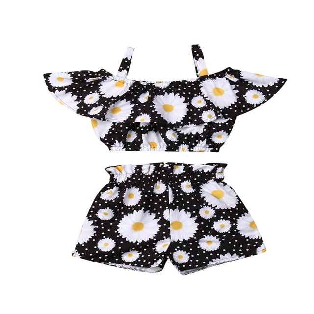 Haut Court à Volants à Épaules Dénudées à Motif Floral pour Bébé Fille + Short