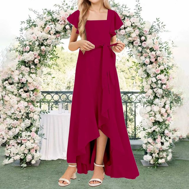 XIMIN Girls Plus Size Square Neck Solid Color Chiffon Bridesmaid Dresses Formal Cocktail Party Dresses with Sleeves Ruffle High Low Evening Formal Dress