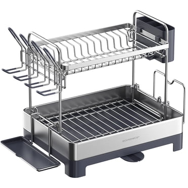 SONGMICS Égouttoir à Vaisselle, Égouttoir à 2 Niveaux pour Comptoir de Cuisine avec Bec de Vidange Rotatif et Extensible, Égouttoir avec Porte-Ustensiles, Tasses, Verres, Planches à Découper, Argent et Gris