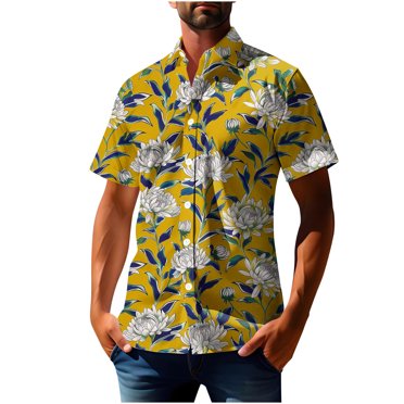 Txeol Chemise Hawaïenne pour Homme à Manches Courtes Imprimée Décontractée Boutonnée Funky Été Tropicale Vacances Plage Chemises pour Homme Rabais de 90 % Liquidation, Jaune, TTTG