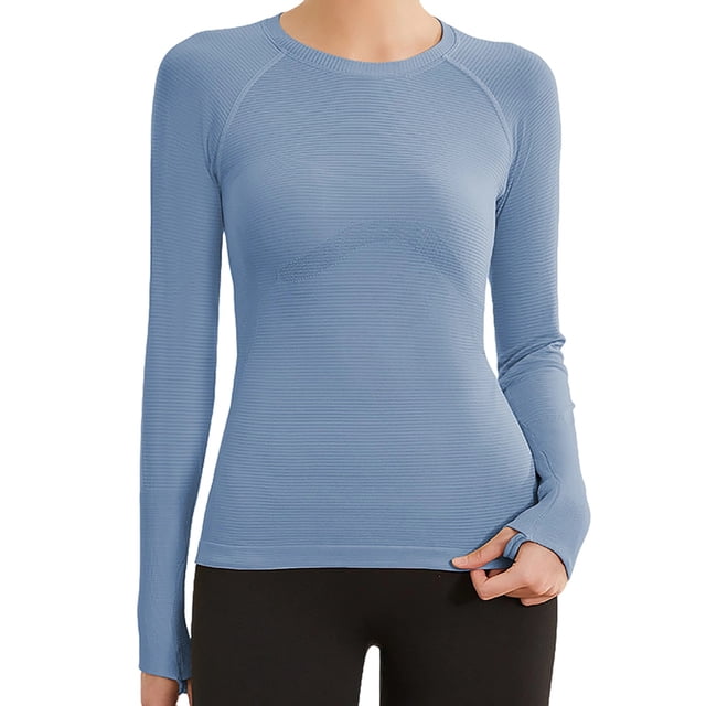 fheaev Chandails à Manches Longues pour Femmes Col Rond Chandail du Bas Ajusté Décontracté Extensible Ajusté sous-Blouses Entraînement Haut de Sport Pilates Vêtements de Mise en Forme Couche de Base Hauts