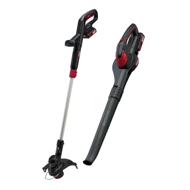 Hyper Tough 20V Li-ion Cordless String Trimmer and Sweeper Combo Kit, K1018 with a black and red 10-inch cordless string trimmer featuring an adjustable shaft and auto single-line feed, alongside a black cordless sweeper with ergonomic handle and removable tube, both powered by a 20V 2.0 Ah lithium-ion battery for versatile outdoor power equipment use.