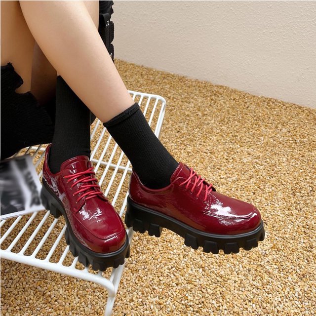 Bottes Cheville à Lacets à Plateforme Épaisse pour Femmes Chaussures en Cuir Brillant