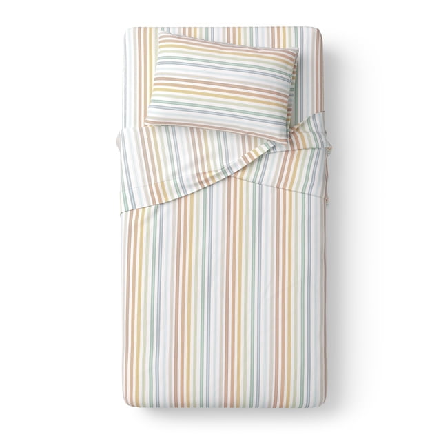 Mainstays Kids 220TC Cotton Multi Stripe Twin, 3 Piece Sheet Set front-facing view of folded flat sheet over fitted sheet and one pillowcase; multi-colored horizontal stripes in blue, teal, yellow and coral on smooth 220TC 100% cotton percale showing tight plain-weave texture, fitted sheet with deep pocket for mattresses up to 14" deep, pillowcase with internal flap closure, photographed on a neutral background suitable for coordinating kids bedding; often used for refreshing a child's twin bed or guest twin mattress.