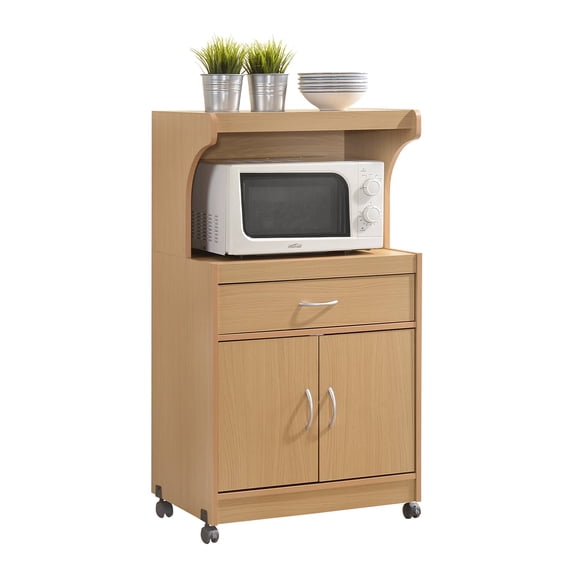 Hodedah Wheeled Microwave Cart with Drawer and Cabinet Storage, Beech