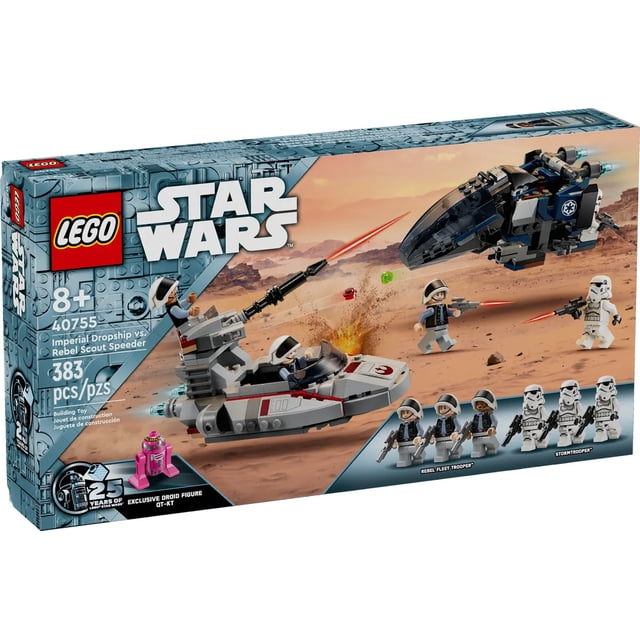 LEGO Star Wars 40755 Imperial Dropship vs Rebel Scout Speeder 383pcs set featuring two buildable vehicles, the Imperial Dropship with a detachable troop transport platform and the Rebel Scout Speeder with a rotating turret. Includes 6 minifigures: 3 Stormtroopers, 3 Rebel Fleet Troopers, and a collectible QT-KT droid figure. The dropship measures 6 cm high, 14 cm long, and 8 cm wide, while the speeder measures 7 cm high, 16 cm long, and 8 cm wide. Suitable for ages 8 and up.