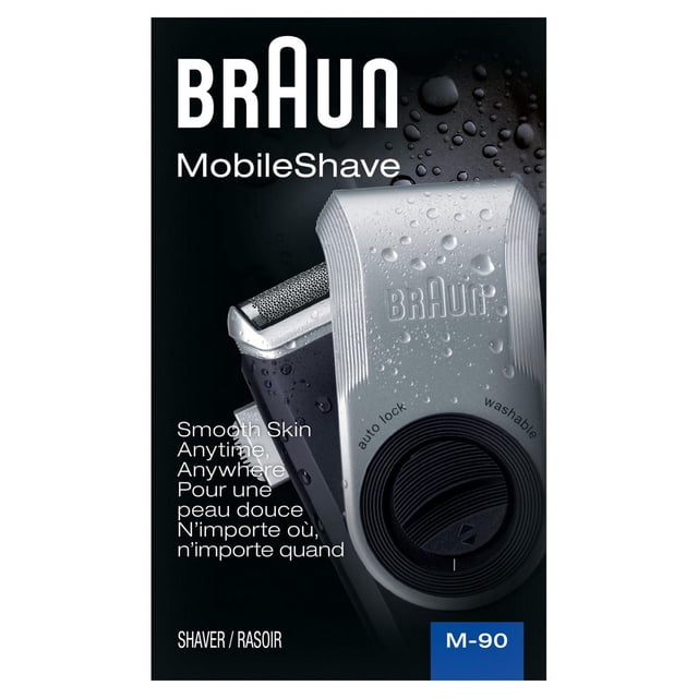Braun Mobile Shaver - M90 electric foil shaver with silver and black body, water droplets on the surface, featuring an auto lock dial, washable design, and precision trimmer, shown in a close-up front angle with branding and bilingual text promoting smooth skin anytime, anywhere, suitable for travel and quick grooming.
