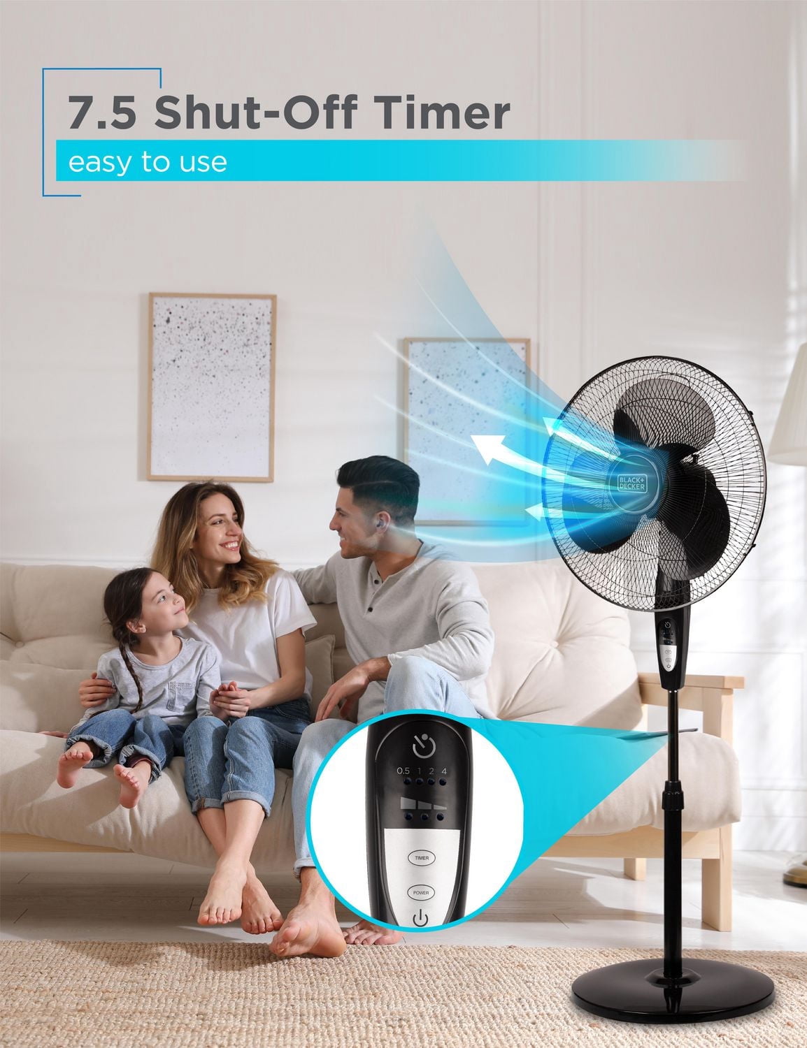 Ventilateur sur pied Black + Decker de 16 po avec télécommande et base ronde, noir