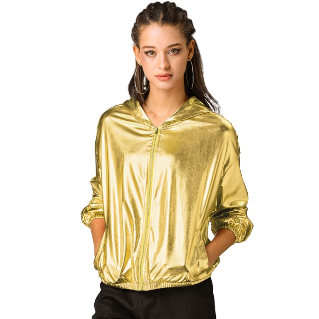 INSPIRE CHIC Women's Shiny Long Sleeve Zipper Hooded Metallic Jacket
