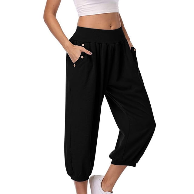LUOGENLI Pantalon Décontracté pour Femme Pantalon Capri pour Femmes Été Pantalon Décontracté Extensible Pantalon Taille Haute Pantacourt Habillé avec Poche Pantalon Décontracté devant Plat Coupe Droite Régulière pour Femmes Noir P