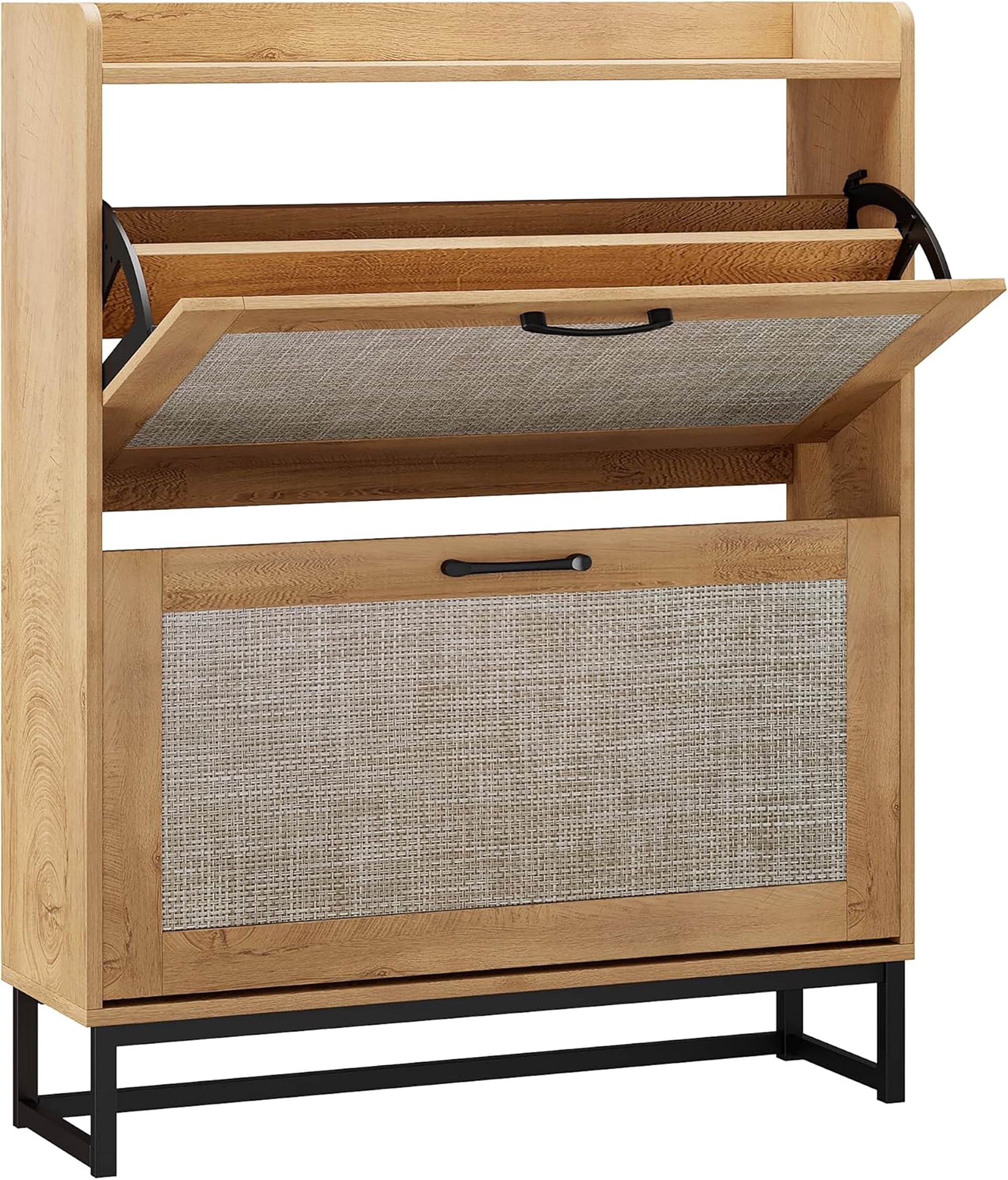 2-Tier Rattan Shoe Cabinet with Flip Drawers, Wooden Entryway Shoe Storage Organizer with Adjustable Shelves & Metal Base, Light Oak