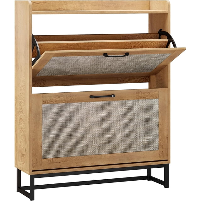 Toytexx 2-Tier Rattan Shoe Cabinet with Flip Drawers, Adjustable Shelves and Metal Base, Light Oak Finish. This modern shoe cabinet features a light oak wood finish with natural rattan panels for a warm, boho-inspired look. It includes two flip drawers that can hold 12–16 pairs of shoes, with adjustable and removable shelves to accommodate various shoe sizes. The metal base provides stability, while the rattan fronts allow for ventilation to keep shoes fresh. The top shelf offers additional space for plants, keys, or small décor, making it ideal for entryways, hallways, or bedrooms.