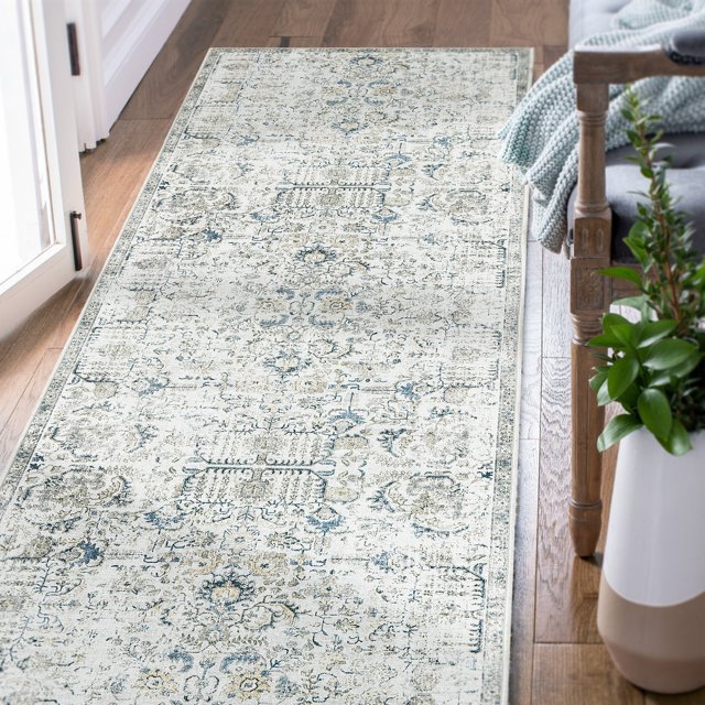 RUGKING Distressed Floral Runner Rug 2x7 Blue Multi Flodable Vintage Rug Non Slip Indoor Runner Rug for Hallways Entryways Kitchen Bathroom