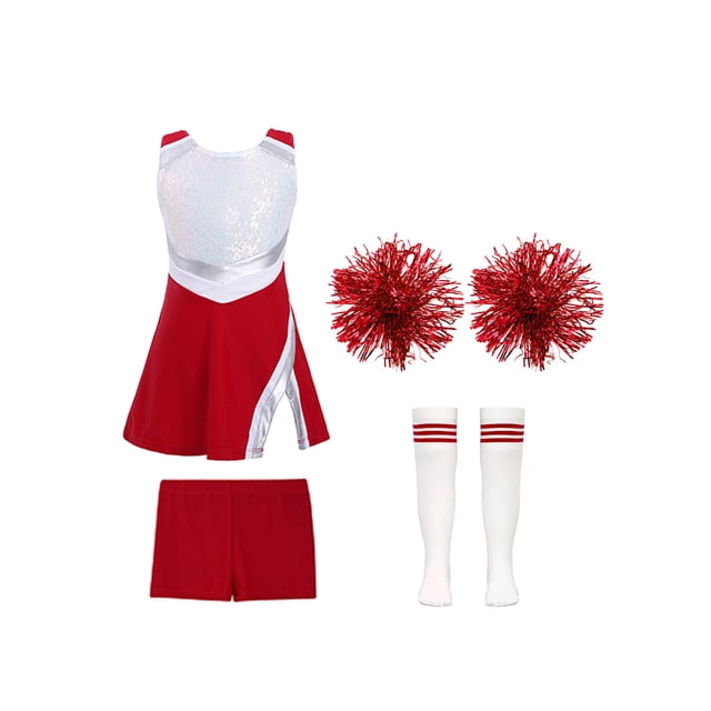 Oyolan Filles Enfants Ensemble 4 Pcs Costume de Cheerleading avec Shorts Pompons Chaussettes Ensemble Robe de Danse de Lycée Tenue de Cheerleader B Rouge 8