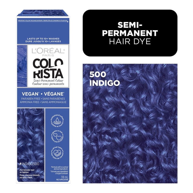 Oréal Paris Colorista L' Coloration Semi-Permanente en 500 Indigo, Présentée en Bleu et Blanc Végane, Sans Parabènes, Emballage Sans Ammoniaque avec volume de 118 ml, Accompagnée d'Un Gros Plan de Cheveux Bouclés Teints Bleu Indigo Vif, Idéale pour Cheveux Blonds Ou Clairsemés.