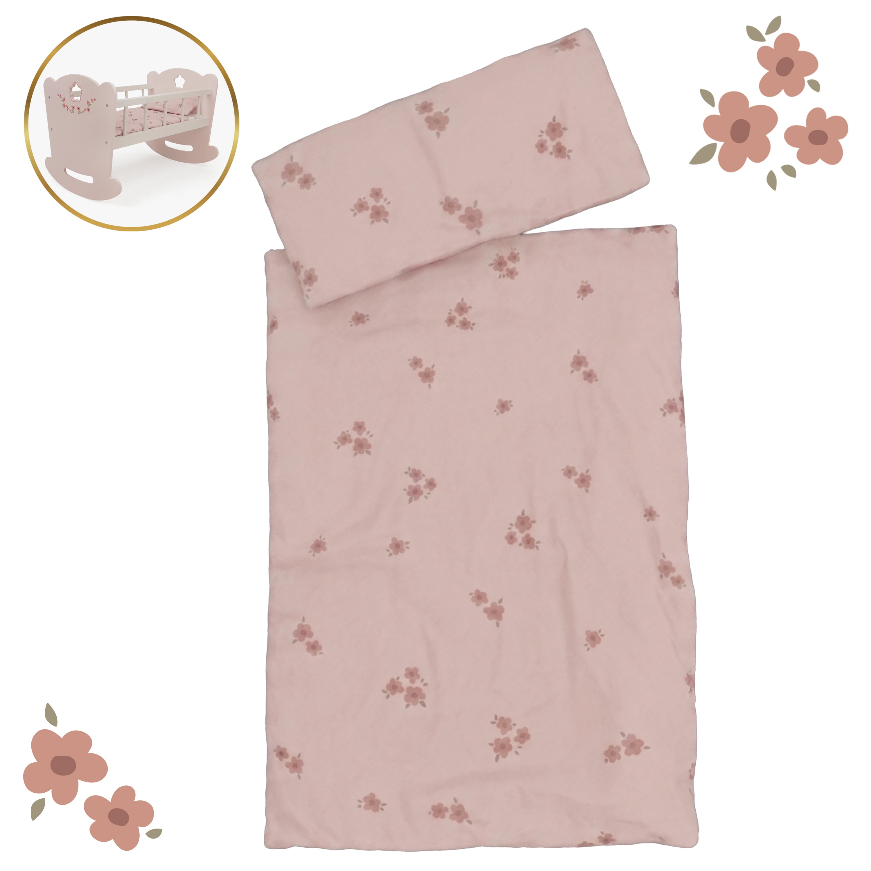 509 Crew - Ballet Flora - Berceau en bois pour poupée - Rose fleuri, accessoire pour poupée, mouvement de bercement doux, matelas et oreiller, jouet d'imitation, enfants de 3 ans et plus