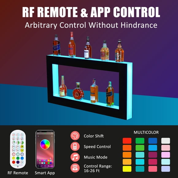 48 Inch LED Liquor Bottle Display Shelf - 2-Tier Acrylic Bar Stand, Multicolor Lighting, RF Remote & Wireless connection App Control, Wall-Mounted, Home/Commercial Bar, Mouth Shape