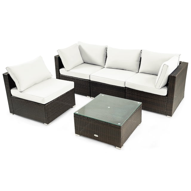 Patiojoy 5PCS Rattan Patio Furniture Set Cushioned Sofa Chair Coffee Table Set with mix brown rattan and white cushions. Includes two armless chairs, two corner chairs, and a tempered glass coffee table. Sectional design allows free combination, ideal for outdoor patio conversation sets. Features adjustable footpads, detachable cushion covers with zippers, and weather-resistant rattan. Perfect for porches, gardens, or poolside seating.