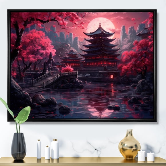 Designart Japan framed wall Art, Land Of The Rising Sun Japanese Tranquility , Japan Large framed wall art decor, Pink Traditional black framed wall art, 44x34 inches black frame