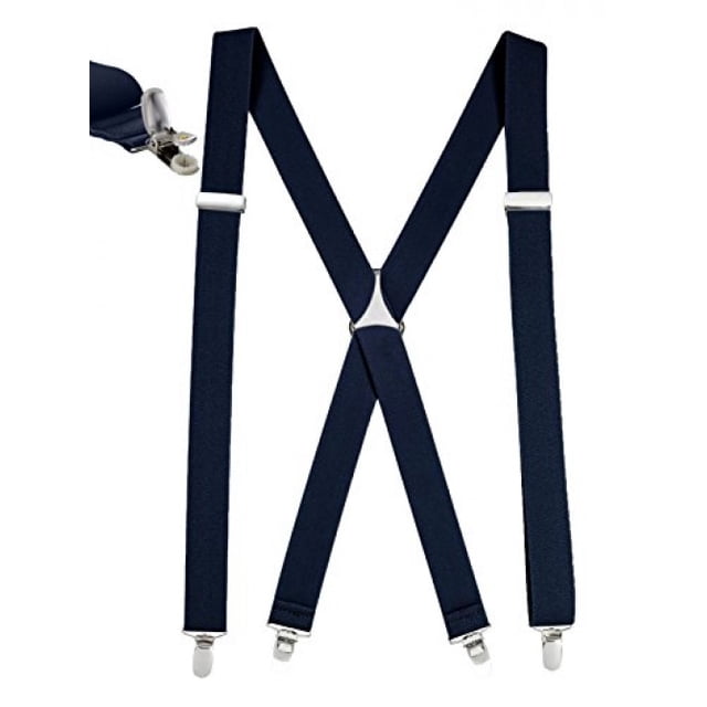 Mens Elastic X Back No Slip "Pin Clip" Straight Clip Suspenders - Navy (Regular, 46" Long)
