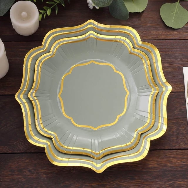 CUITING 25 Pack White Pink Paper Dessert Plates in Damask Floral Pattern 8” Round Disposable Salad Appetizer Plates with Scalloped Rims - 300 GSM