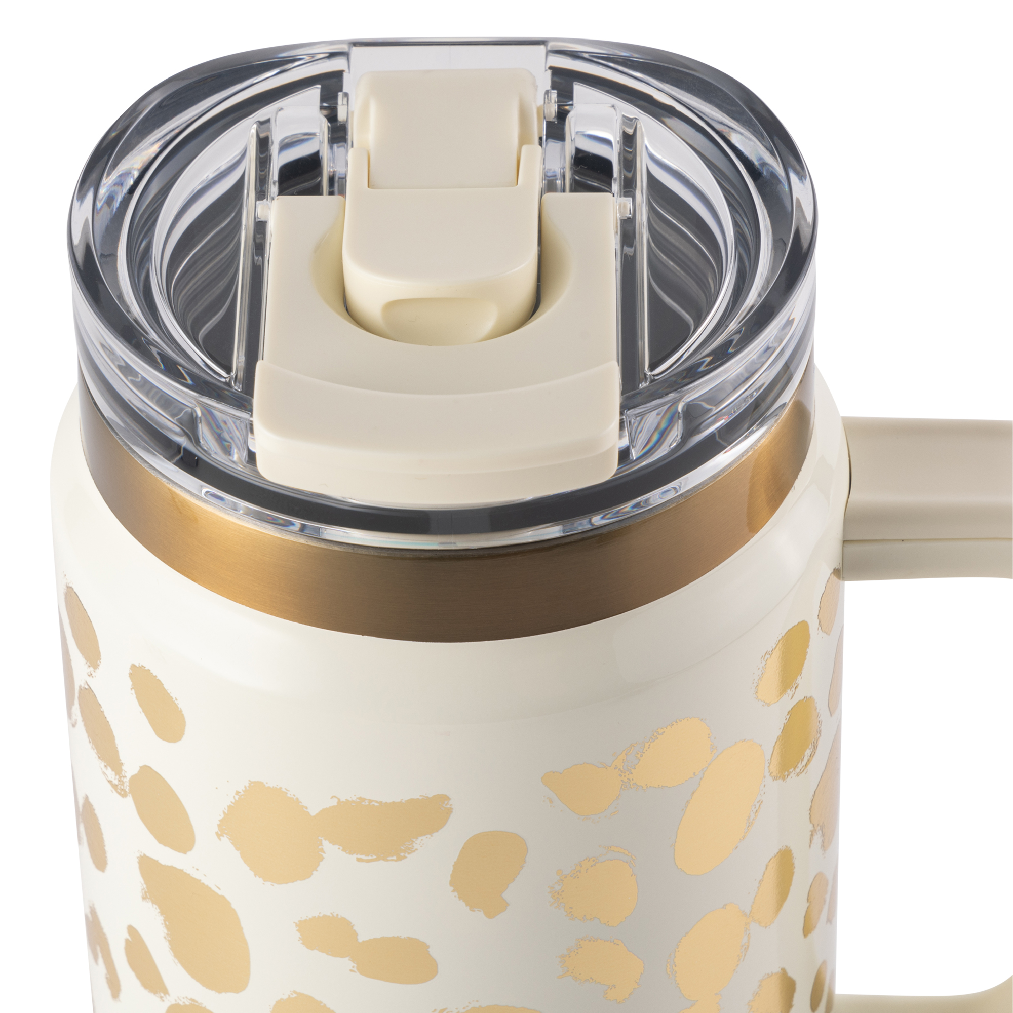 111 / 5,000 Gobelet Thyme & Table de 940 ml avec poignée, couvercle à double paille, double paroi isotherme en acier inoxydable, crème et pois dorés