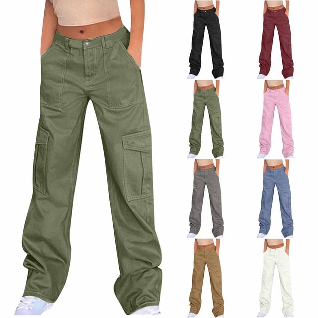 CFLVAEK Womens Cargo Pants with Pockets Casual Mid Rise Denim Pant Loose Fit Wide Leg Hiking Pants Solid Color Jean Pants Gray M