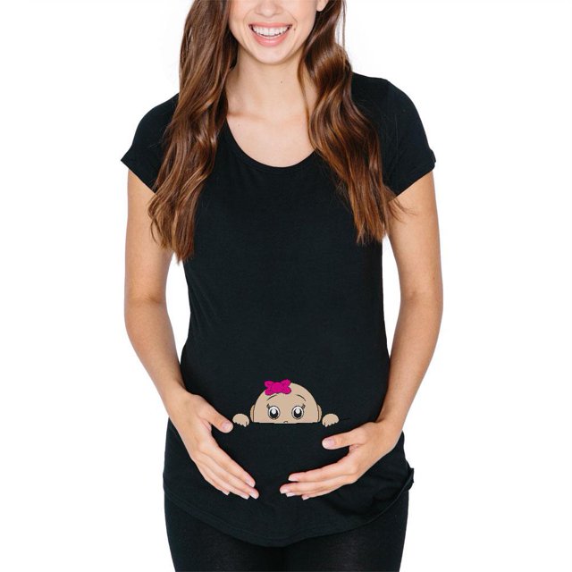 Peeking Baby Girl Black Maternity Soft T-Shirt