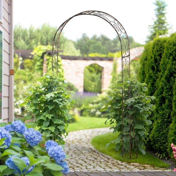 Garden Arbor Arch Gate with Trellis Sides for Climbing Plants, Wedding Ceremony Decorations, Grape Vines with Locking Doors, Planter Baskets, Flourishes & Arrow Tips, Black