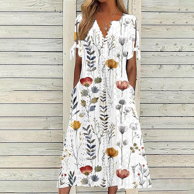 Babysbule Liquidation Robes d'Été pour Femmes, Mode Femmes Décontractée Ample Imprimé Papillon Col en V Manches Mi-Longues Boutons Poches Robe Longue